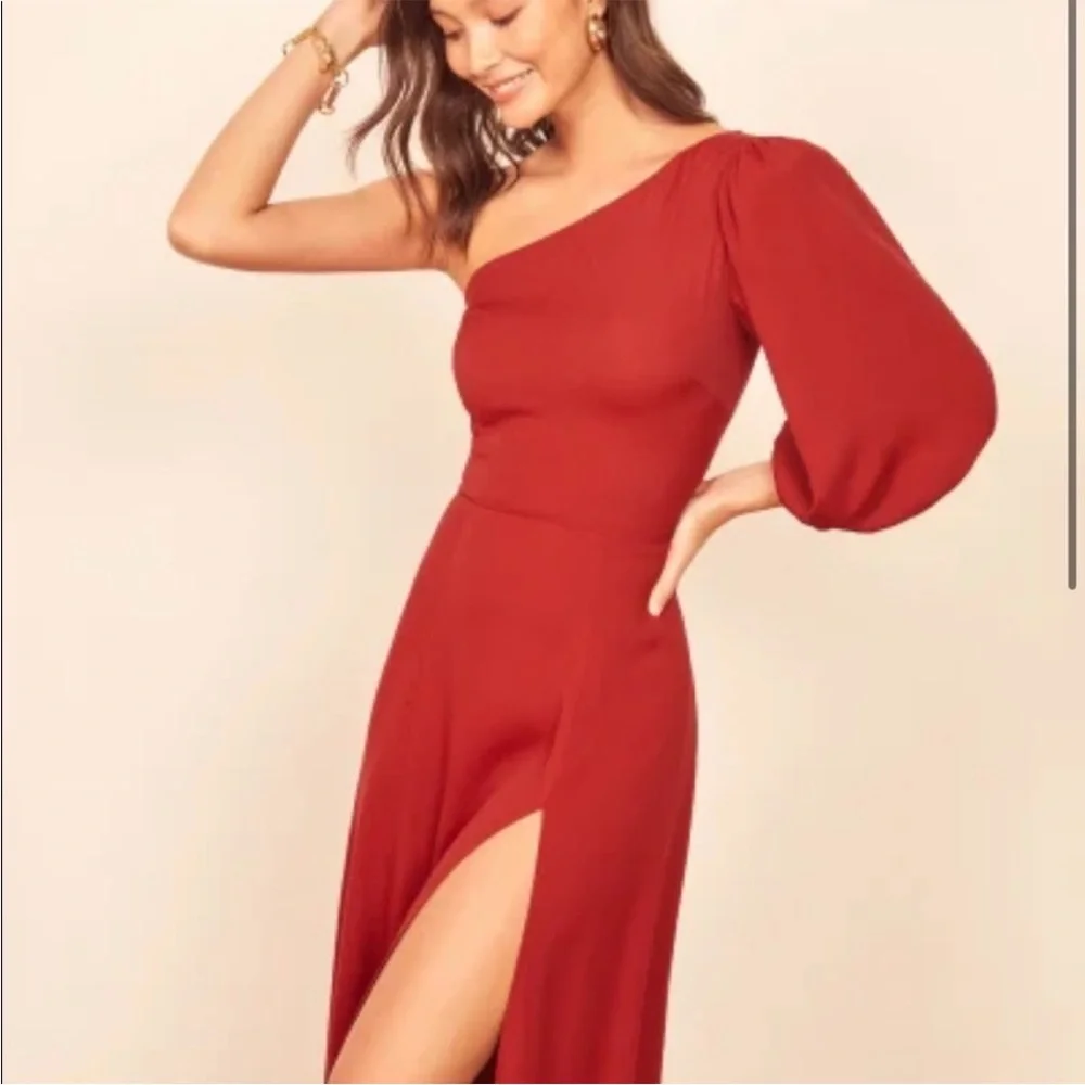Reformation Red Lawrence One Shoulder High Slit MIDI Dress Sz 2 - Picture 2 of 10